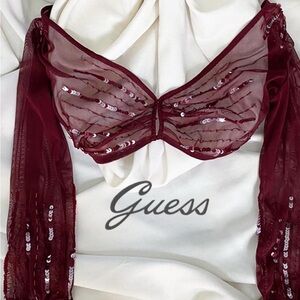 Guess Wine Sequin Mesh Top